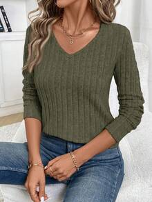 SHEIN Frenchy Women's Contrast Lace Long Sleeve Ribbed Casual T-Shirt Winter Green Christmas Spring - Green - View 5