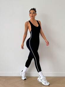 Dewbera 女式露背交叉带无袖性感运动连体裤 - 黑色 - 查看 4