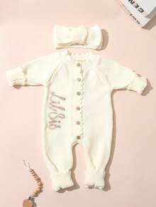 SHEIN 2 pièces Ensemble "Petite Sœur" Tenues de photographie pour nouveau-né fille brodées. Combinaison tricotée avec nœud papillon et bandeau. Tenue boutonnée pour séance photo, tenue de retour à la maison pour bébé