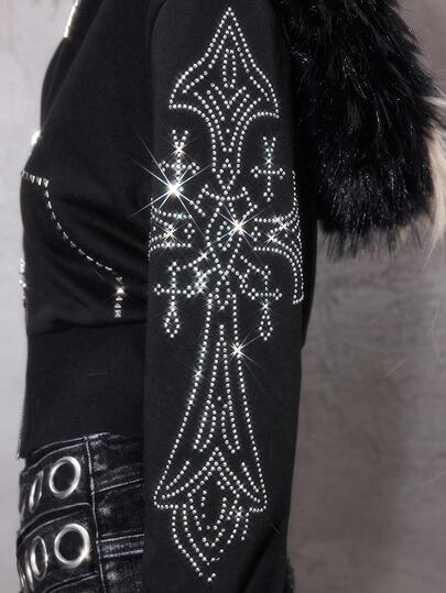 ROMWE Avant sweat-shirt à capuche ajusté avec décoration de croix en strass, sous-culture Y2K sombre