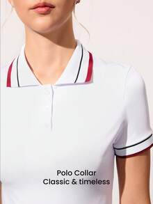Gameset SHEIN Sport Women's Contrast Trim Short Sleeve Fitted Summer Sports Polo Shirt - White - View 3