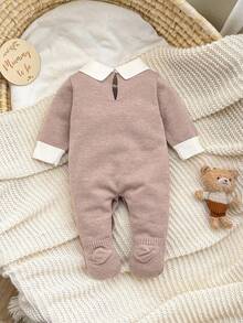 SHEIN 婴儿（男孩）毛衣，时尚可爱 Polo 领撞色卡通熊后背按扣针织连体衣，柔软舒适，适合春秋季节、日常穿着、外出、旅行、度假、居家、日托、儿童玩耍 - 卡其色 - 查看 2