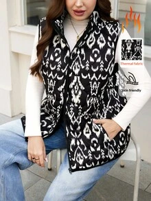 SHEIN LUNE 大码女式感恩节优雅圣诞女式纯色前拉链无袖口袋休闲羽绒服日常穿着圣诞节女式新年女式冬季外套女式冬季外套前拉链无袖口袋休闲羽绒服日常穿着秋冬外套保暖百搭女式秋冬外套 - 黑色 - 查看 9