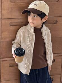 SHEIN Young Boys' Casual Twist Collar Zip-Up Sweater