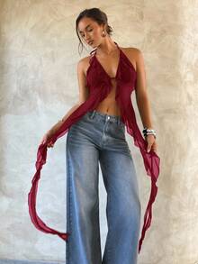 Aloruh Women's Sexy Halter Neck Chiffon Blouse,Sexy Tops - Burgundy - View 7