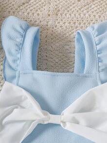 Elladie kids 年轻女孩优雅的白色连衣裙，配有大蝴蝶结和波浪丝带饰边 - 淺藍色 - 查看 8