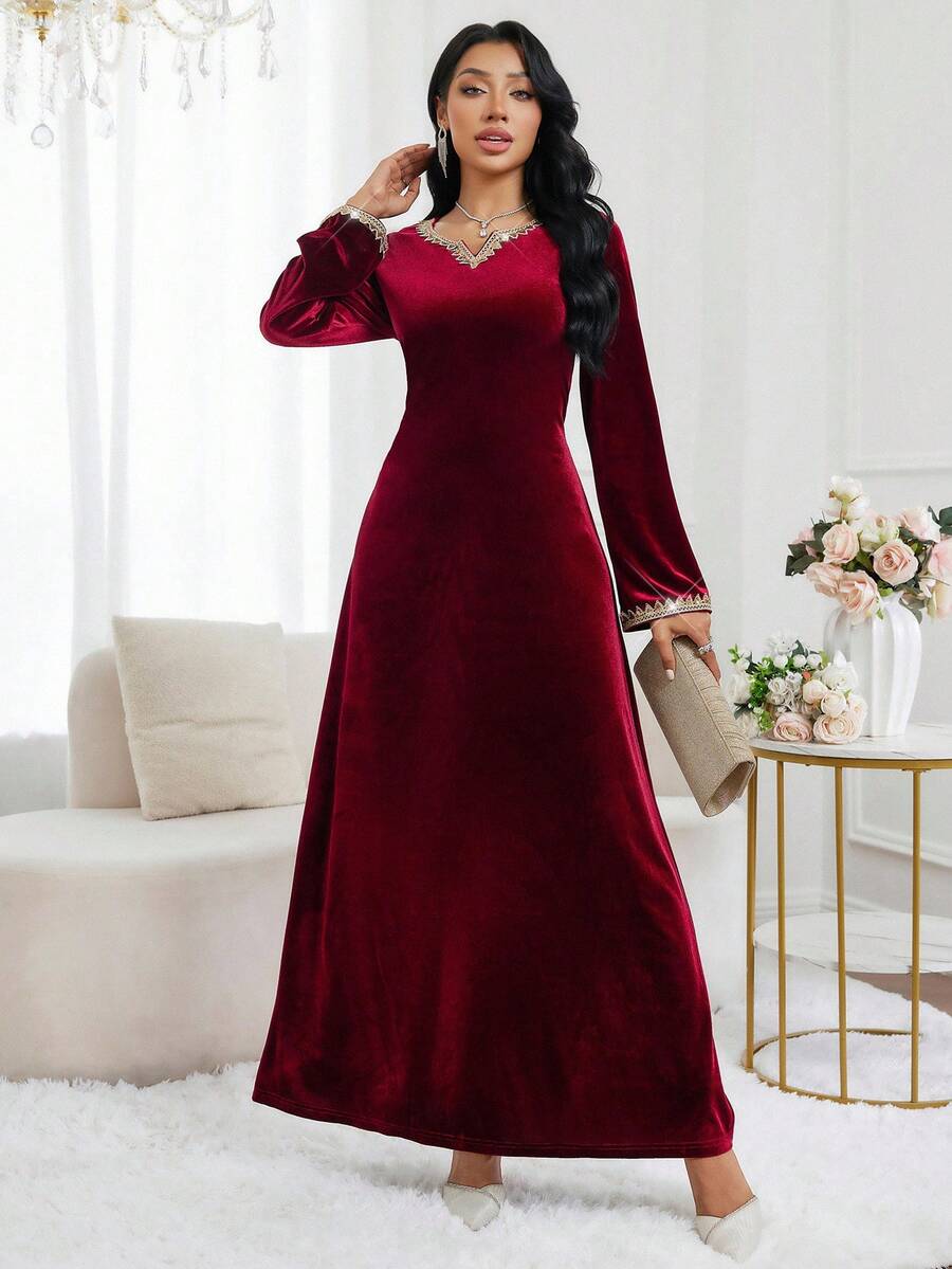 Al Najma Elegant Velvet Long Sleeve Modest Dress, Arabic Style For Women Velvet Dresses Wine Red Dress