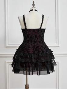 ROMWE Goth Women Retro Grunge Punk Flocked Cross Bow Lace Trim Plus Size Dress, For New Year, For Summer - Black - View 2