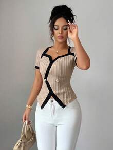 Elenzga 女式复古美式风格拼色不对称设计短袖T恤 - 杏色 - 查看 4