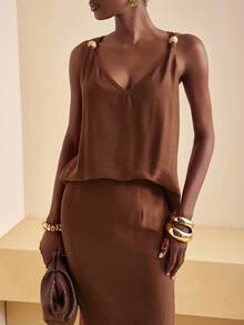 Zivah 2025 Nouvel ensemble deux pièces élégant d'été et d'automne avec décoration métallique ample pour débardeur + jupe trapèze taille haute. Convient pour les vacances, les sorties, les rendez-vous, les voyages en avion, le quotidien, les dates, la remise des diplômes, la rentrée, le style bohème, l'élégance