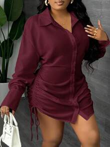 Slaydiva New Elegant And Sexy Daily Date Long-Sleeved Lapel Drawstring Gathered Shirt Skirt On Both Sides Mini Mini Skirt White Women's Mini Dress-Z - Burgundy - View 7