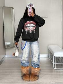 Coolane 女士唇印落肩长袖抽绳短款黑色卫衣，秋冬女装 - 黑色 - 查看 3