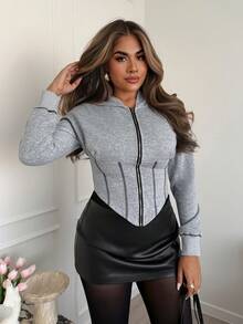Xyvia Autumn/Winter Contrast Color Cinched Waist Short Hooded Zip-Up Sweatshirt - Grey - View 2