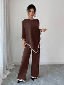 Elenzga Women's Casual Loose Poncho Design Top And Loose Contrast Color Pants Knit Two Pieces Set - Coffee Brown - View 4