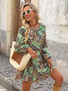 Brillora 女式度假腰果印花系带灯笼袖时尚迷你连衣裙 - 彩色 - 查看 6