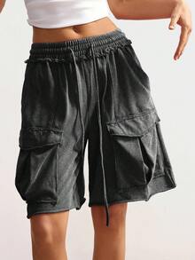 Bohemela Women's Casual Drawstring Waist Cargo Pocket Loose Shorts - Black - View 5