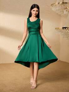 Elegant Elegant Luxurious Dark Green Sleeveless V-Neck Ruched Waist Slim Pleated Dress, Suitable For Teenagers (Girls) - Dark Green - View 6