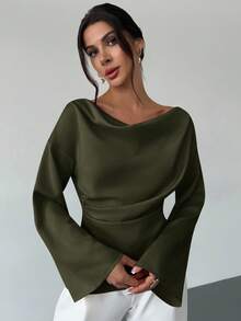 Firerie Boat Neck Flared Sleeve Gathered Waist Office Lady Apricot Blouse, Minimalist Elegant Daily Commute Apricot Satin Asymmetric Ruched Collar Flare Sleeve Women Shirt, Chic For Office And Everyday Wear - Army Green - View 4