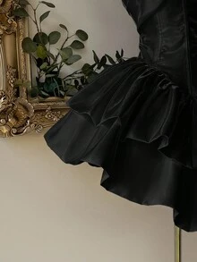 Lovelzi 优雅、奢华、高贵的白色缎面露肩收腰双层蛋糕裙，适合单身派对、婚礼、毕业典礼、度假、正式舞会 - 黑色 - 查看 3