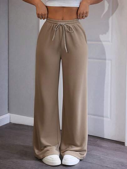 SHEIN PETITE Comfortable And Casual Solid Color Knitted Wide-Leg Women's Sweatpants Wide Leg Sweatpants Comfy Pants Drawstring Pants Loose Pants,Fall,Fall Clothes For Women