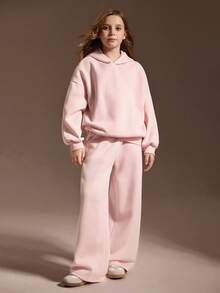 SHEIN 少女粉色连帽衫套装，长袖连帽衫和宽松休闲运动裤套装，秋冬 - 粉色 - 查看 4