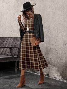 EMERY ROSE Casual Minimalist Vintage Coin Pattern Red-Brown Plaid Allover Print Long Sleeve Dress For Women, Suitable For Autumn/Winter - Multicolor - View 3