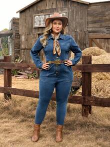 EMERY ROSE Bộ đồ liền thân denim co giãn phong cách phương Tây cổ điển cỡ lớn dành cho nữ - Rửa tối - Xem 3