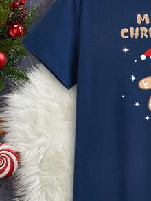 Manfinity Homme Men's Casual Fitted Christmas Gingerbread Man & Snowflake Print T-Shirt Christmas - Navy Blue - View 4