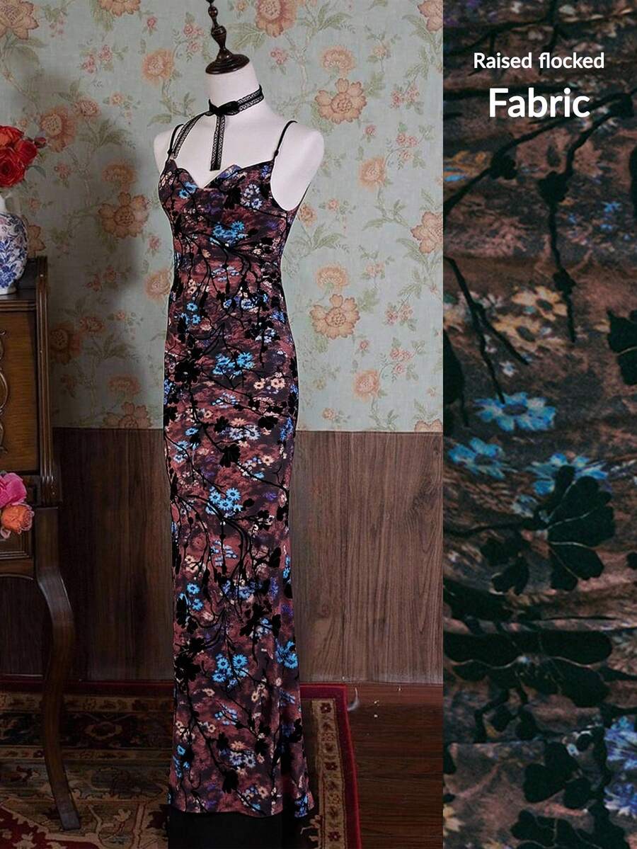 SHEIN Unity Elegant Knitted Flocked Spaghetti Strap Draped Neck Slit Fitted Maxi Bodycon Dress For Party - Multicolor - View 1