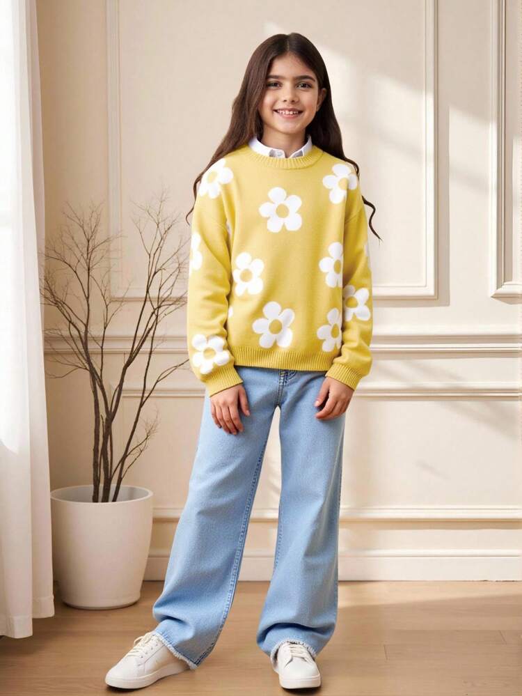 Tween Girl Floral Pattern Drop Shoulder Sweater