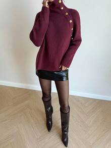 Firerie Women's Asymmetric Off-Shoulder Metallic Button Long Sleeve Sweater, Convertible High Neck & Off-Shoulder Design, Burgundy Loose Fit Knit Pullover, Holiday Sweater, Suitable For Christmas, Autumn/Winter, Elegant, Work, Sexy, Casual, Festive,Cozy Fall And Winter Clothes For Women,New Year Clothes - Burgundy - View 8