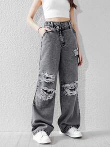 SHEIN Tween Girls' Y2K Distressed Jeans, Casual Street Style, Asymmetrical Waist, Soft & Comfortable, Light Wash Blue, Versatile All-Match Denim Pants, 2025 New Collection, Suitable For Daily Wear, All Season Fall Winter - Light Grey - View 6
