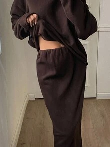 Livesso 秋冬季保暖宽松商务休闲套头卫衣+直筒抽绳腰半身裙两件套，时尚棕色保暖内衬 - 咖啡棕 - 查看 2