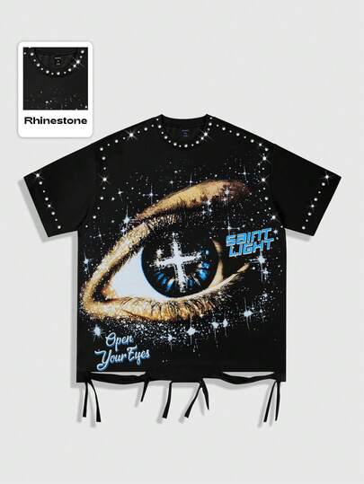 Street Life Men's Casual Rhinestone Eye Distressed Artistic Punk Style Short Sleeve T-Shirt