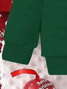 SHEIN 圣诞快乐幼儿男童休闲时尚创意卡通可爱圣诞小狗动物印花圆领运动衫和裤子两件套，秋季服装 - 墨綠色 - 查看 4