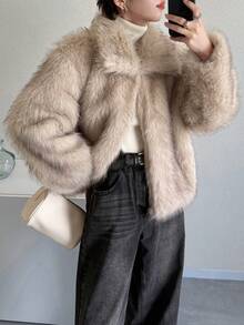 FRIFUL 女士超大翻领落肩长袖宽松休闲蓬松外套，适合秋冬季节穿着的百搭女式外套 - 杏色 - 查看 1