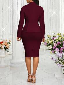 SHEIN Lady Women's Elegant Commuter Wine Red Lace Patchwork Suit Jacket And Skirt Business Casual Women's Office Clothing Autumn And Winter Business Women's Clothing 2 Piece Sets Woman Classy - Burgundy - View 2