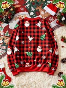 SHEIN EZwear Áo nỉ cổ tròn họa tiết kẻ caro Giáng sinh tối giản, thường ngày dành cho nữ, hình ông già Noel, cây thông Noel, người tuyết, thích hợp cho ngày lễ, mùa thu/đông - Nhiều màu - Xem 2