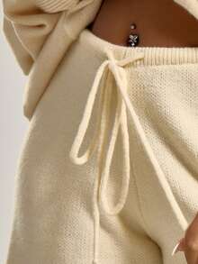 MUSERA Plus Knitted Wide Leg Tie Waist Trousers , , Winter, Cool Girl, Cosy, Everyday  Spring - Apricot - View 6