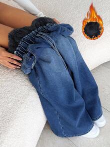 SHEIN Tall 女士休闲宽松口袋保暖牛仔裤，高个女款，秋冬季黑色保暖牛仔裤 - 藍色 - 查看 3