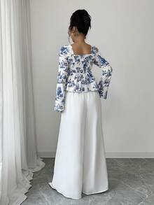 Elenzga Conjunto de 2 piezas de top con mangas acampanadas y pantalones de pierna ancha con estampado todo sobre todo, elegante para mujer, otoño - Multicolor - Ver 2