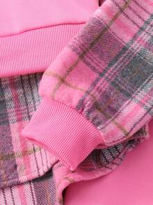 SHEIN Tween Girl Plaid Patchwork Hoodie And Pants Set - Pink - View 7