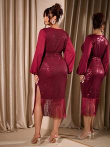 Cravure Christmas Plus Size Elegant Party Chiffon Patchwork Sequin Tassel Fitted Dress - Burgundy - View 2