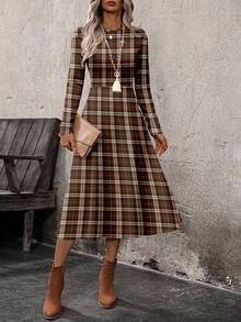 EMERY ROSE Casual Minimalist Vintage Coin Pattern Red-Brown Plaid Allover Print Long Sleeve Dress For Women, Suitable For Autumn/Winter - Multicolor - View 5
