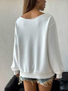 SHEIN EZwear Casual Minimalist Plus Size White Off Shoulder Loose Long Sleeve Hoodie Sweatshirt For Women, Autumn/Winter