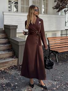 Elyressa 女士编织的优雅长款秋季连衣裙 - 咖啡棕 - 查看 4