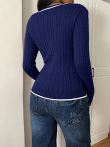 SHEIN EZwear 女式休闲拼色饰边 V 领套头衫，秋季 - 寶藍色 - 查看 2