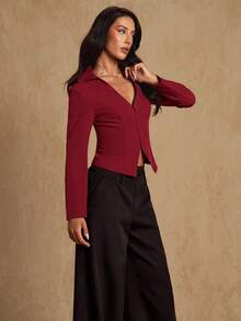 Glamine Áo khoác dài tay cài nút cổ sơ mi thanh lịch, tối giản, hở phía trước, dành cho nữ, áo khoác blazer đỏ, áo khoác đỏ tía, áo khoác đỏ rượu vang, áo khoác đỏ sẫm, áo khoác Giáng sinh cho nữ - Đỏ - Xem 6