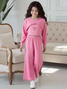 SHEIN Conjunto de niña preadolescente con chaqueta corta minimalista de cuello redondo y manga larga con Top y pantalones