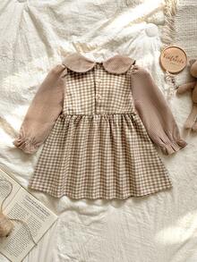 Vintaside Kids Babygirl 女婴秋季翻领长袖时尚千鸟格连衣裙，适合温和秋季天气、旅行、度假、露营 - 彩色 - 查看 2